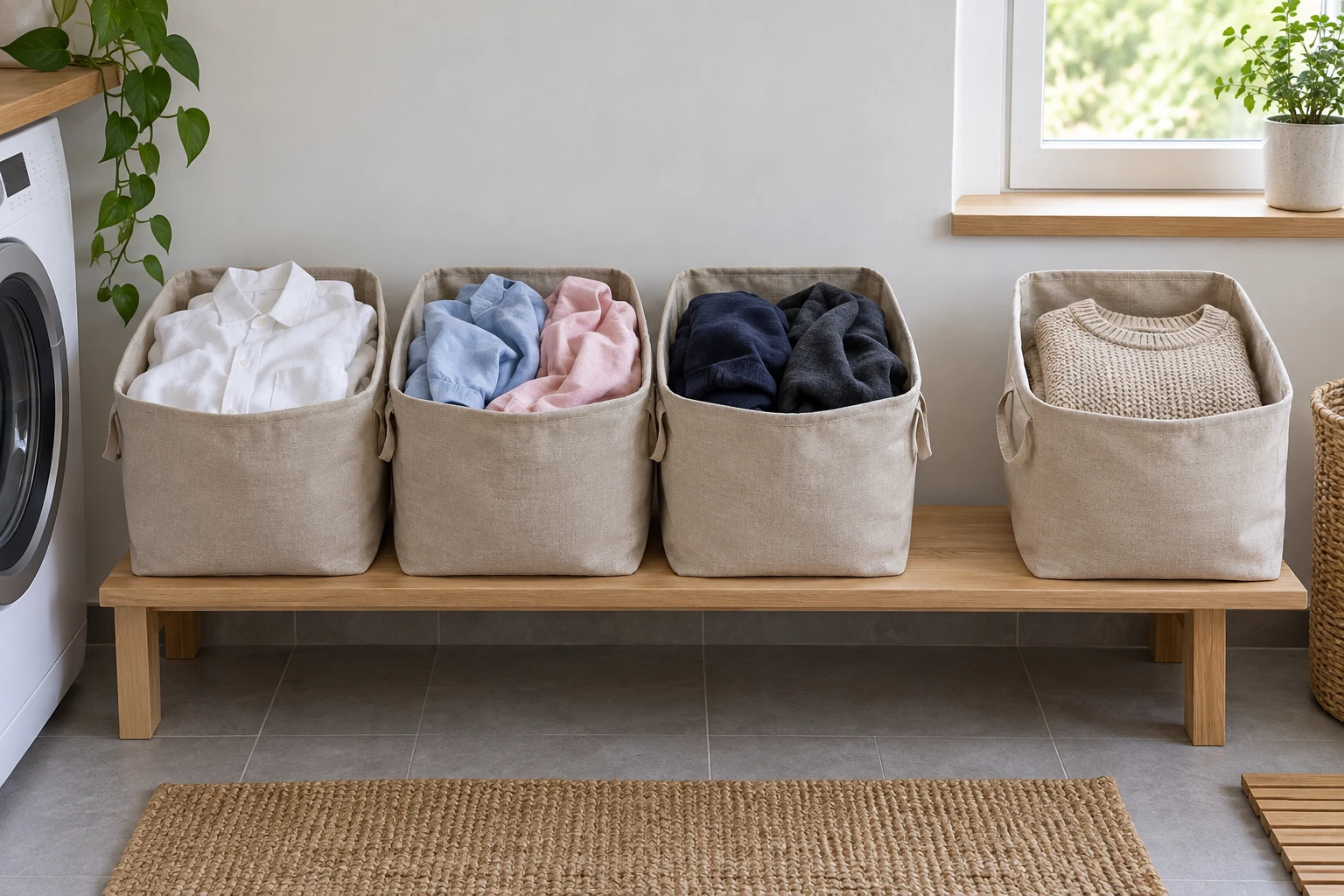 Quatre corbeilles contenant du linge blanc, des couleurs claires, du linge foncé et un pull en maille isolé.