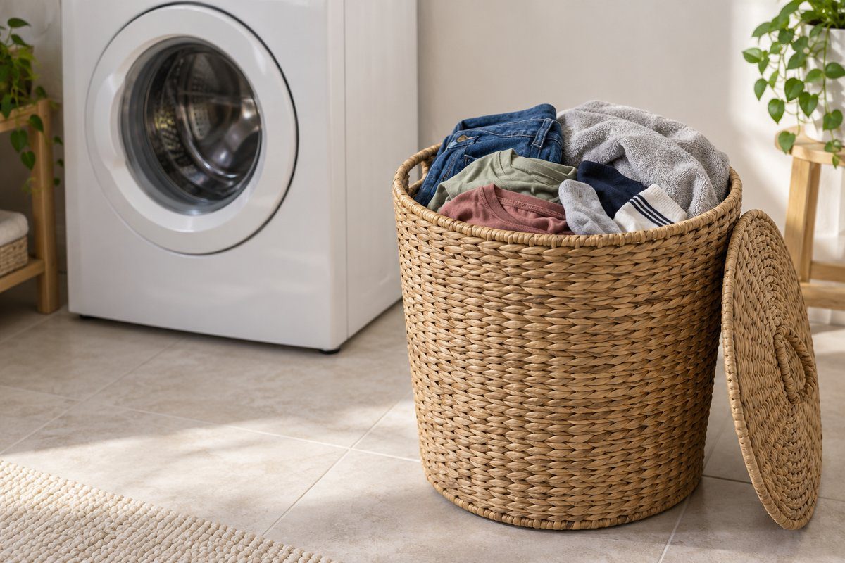 Panier à linge familial en osier rempli de linge sale à côté d'un lave-linge