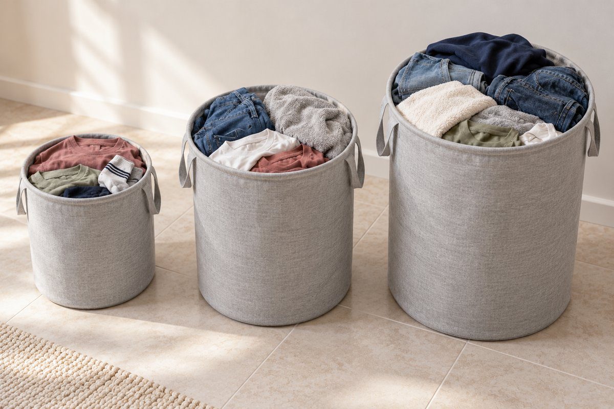 Trois paniers à linge de 30, 60 et 90 litres remplis côte à côte