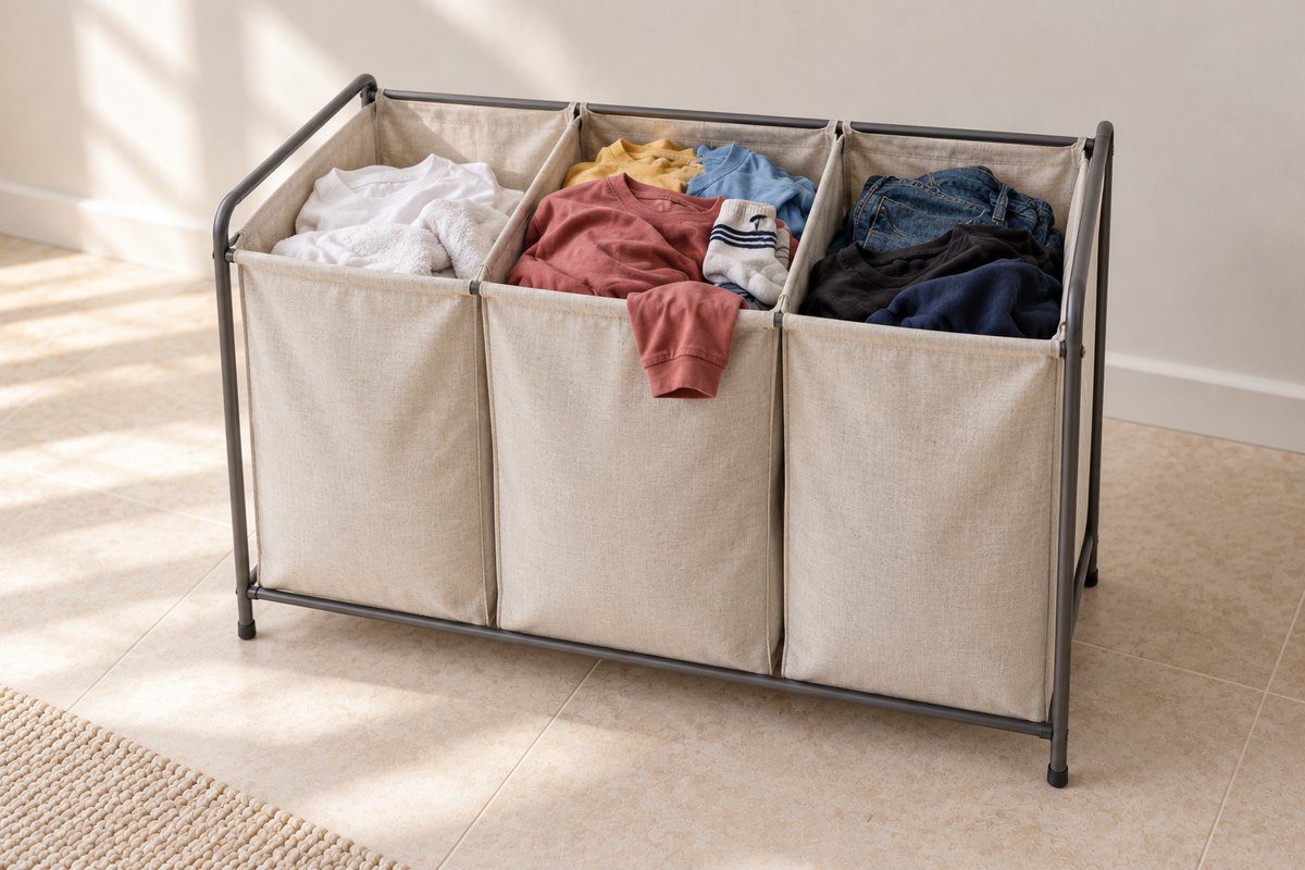 Panier à linge à trois compartiments trié en blanc, couleurs et foncé