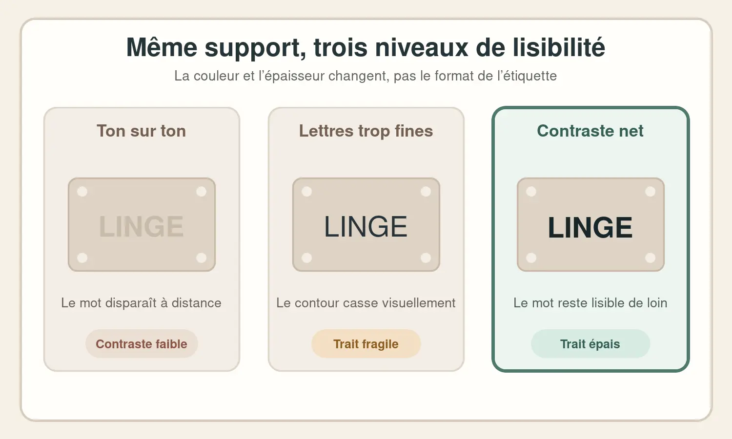 Comparaison de trois contrastes de lettrage sur une étiquette en Jesmonite beige