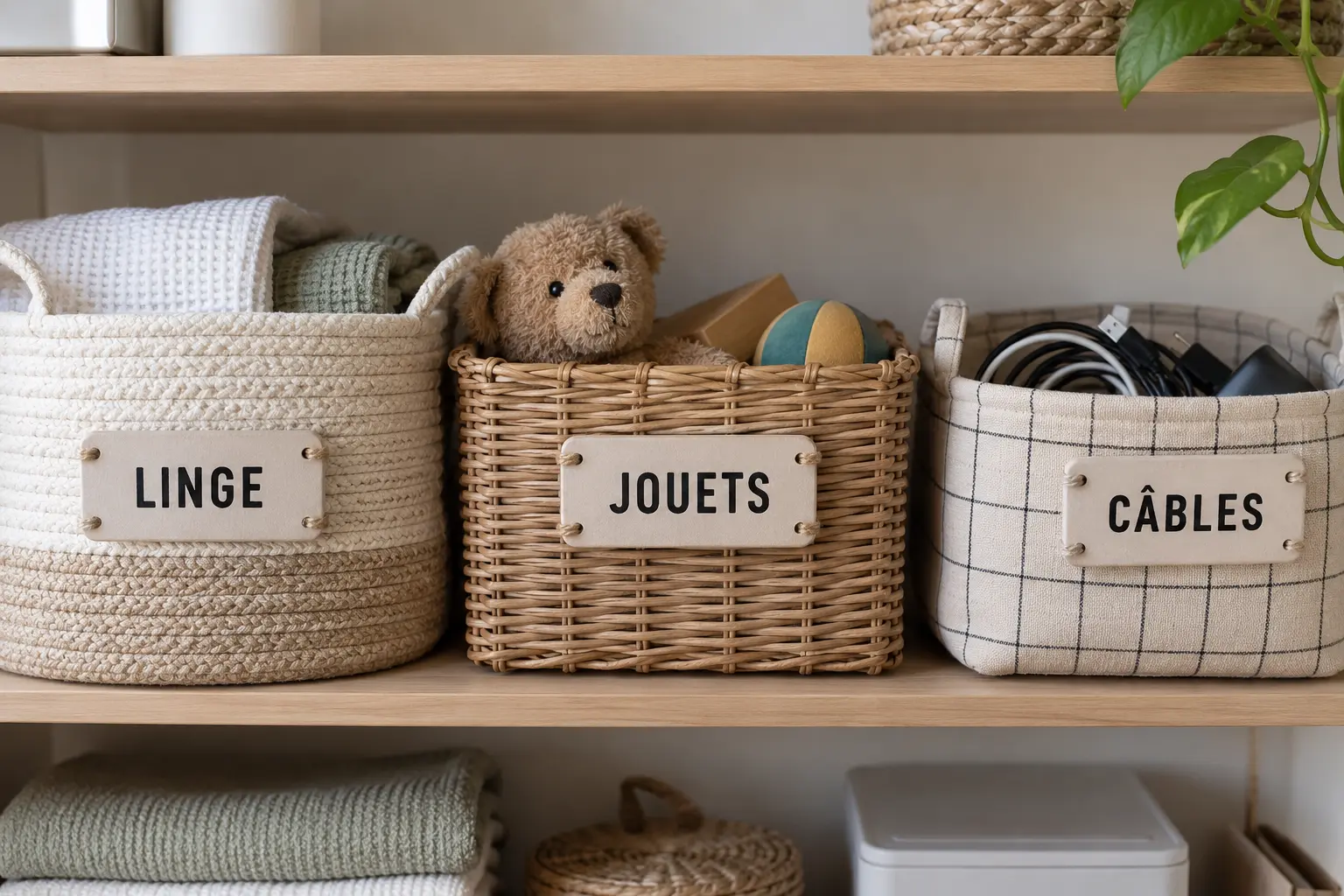 Étiquettes en Jesmonite contrastées fixées sur trois paniers de rangement
