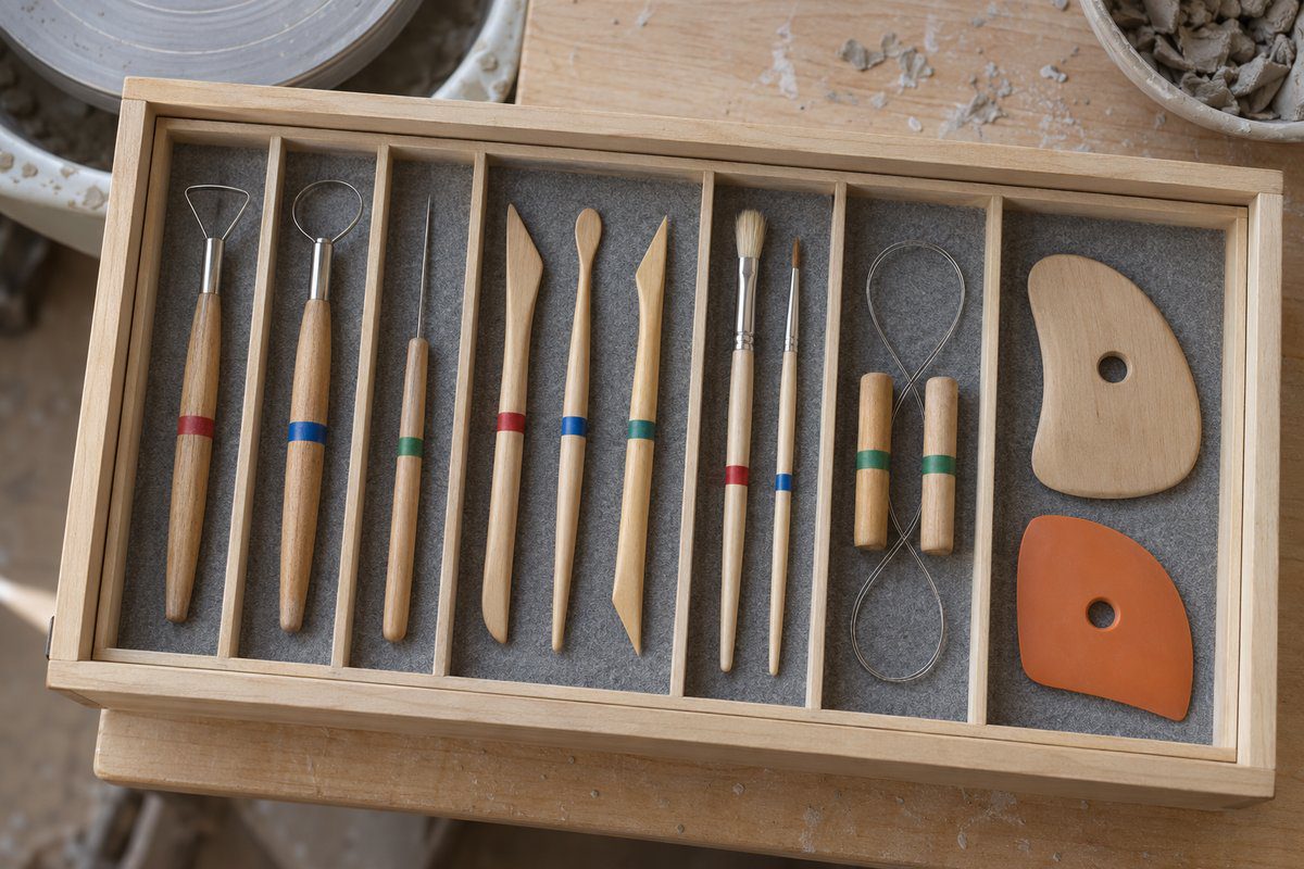 Tiroir en bois à compartiments avec mirettes, ébauchoirs et estèques de poterie rangés séparément