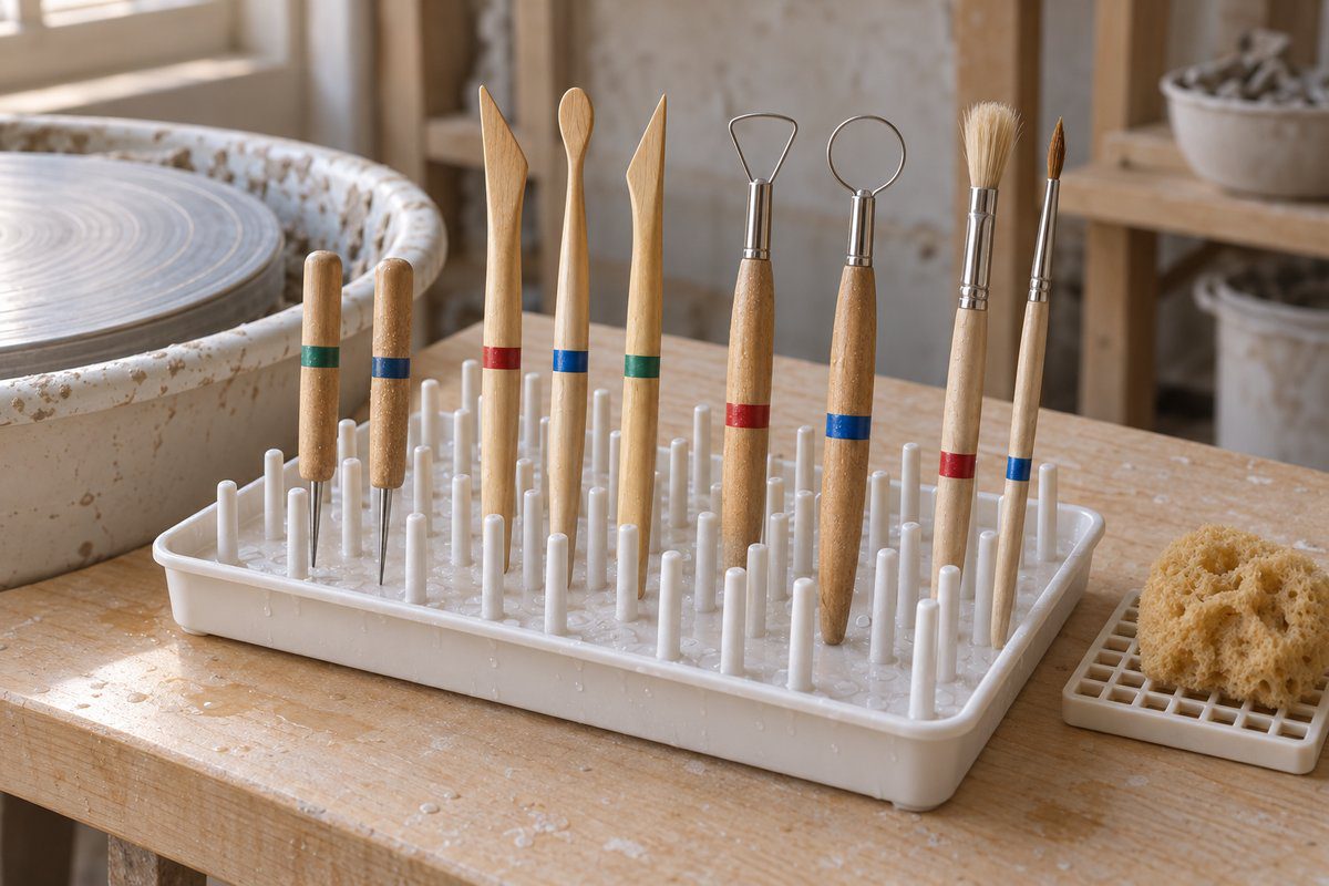 Outils de poterie séchant debout sur un support à pics, pointes vers le bas