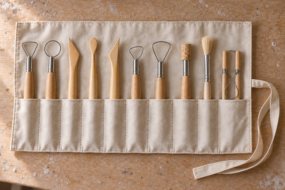 Trousse en toile déroulée avec un outil de poterie par poche et pointe protégée