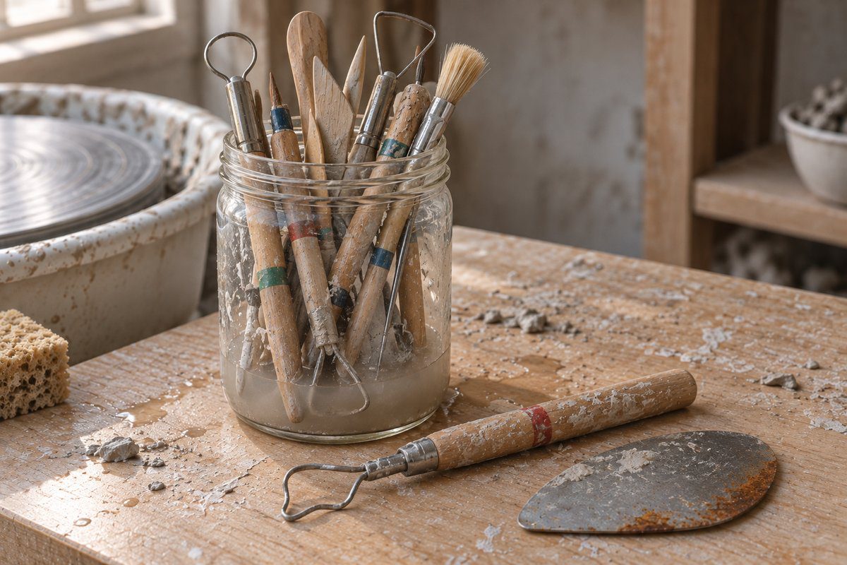 Outils de poterie entassés humides dans un bocal avec mirette tordue et estèque rouillée